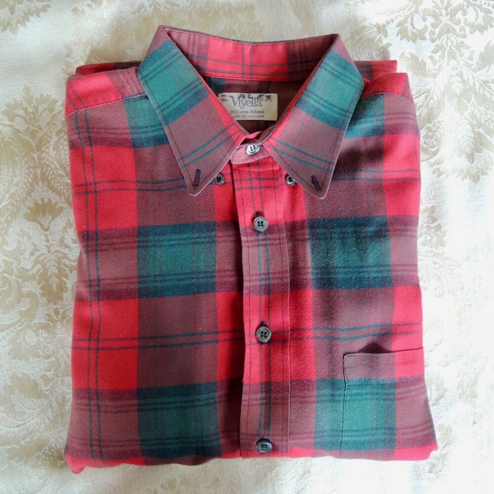 Vintage Viyella Red Plaid UK Made Heritage Wool & Cotton Shirt M (15.5, 39cm)